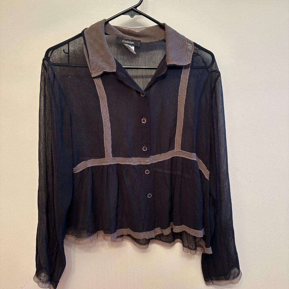 Cotelac Sheer Blouse Womens Size 4 Black Contrast Trim Crepe Luxury Whimsey Goth